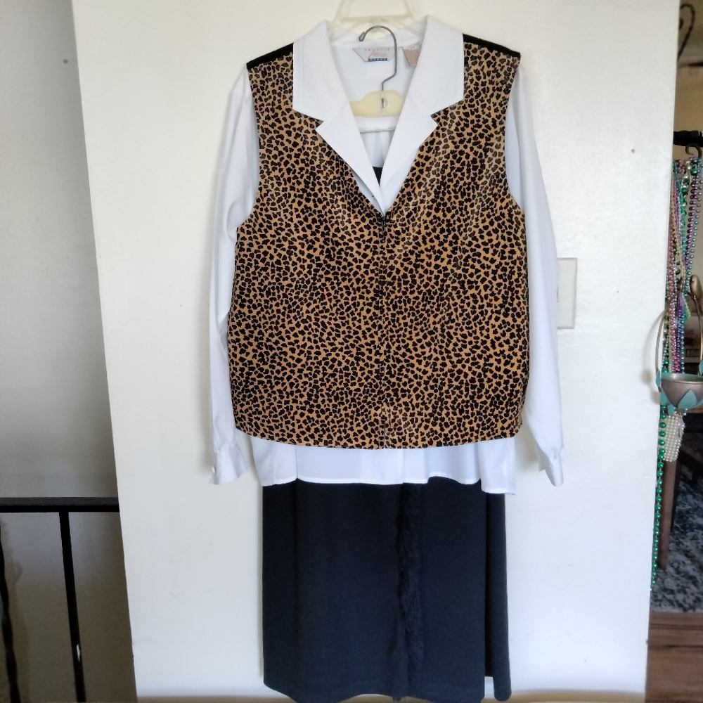 Style Studio Trio Animal Print Vest Skirt Blouse Ensemble Sz. 1X Y2K Boho USA